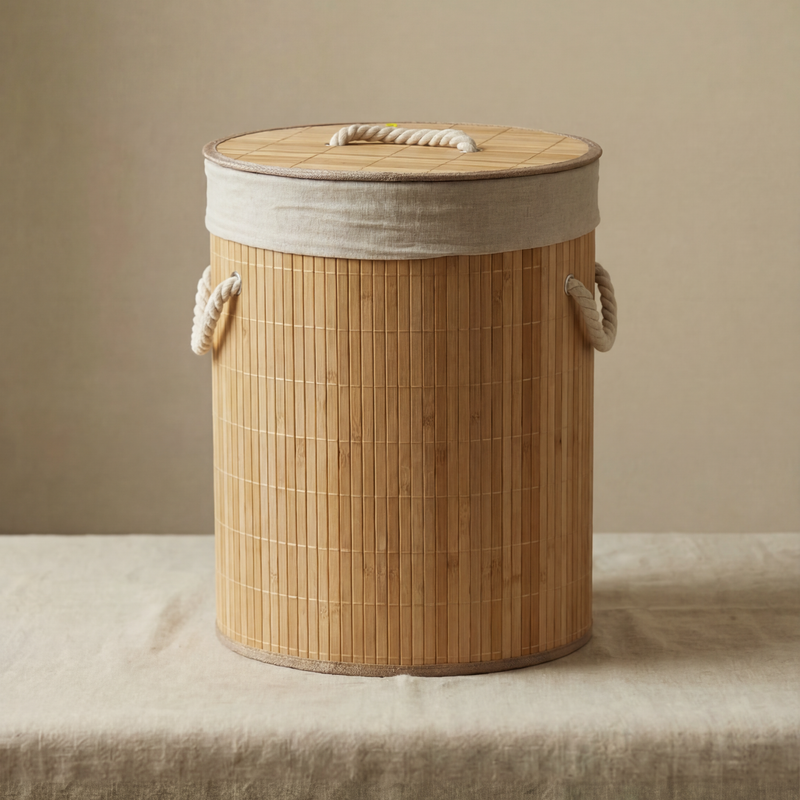 Cesto para Ropa Redondo de Bambú Natural con Tapa
