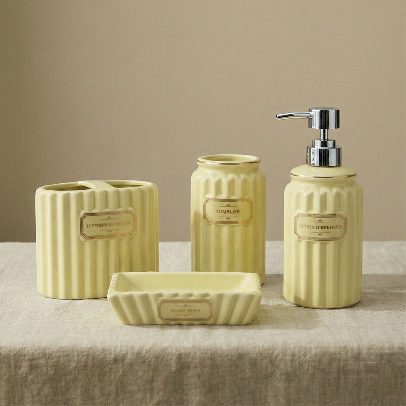 Set de Baño de Cerámica Amarillo Pastel – 4 Piezas