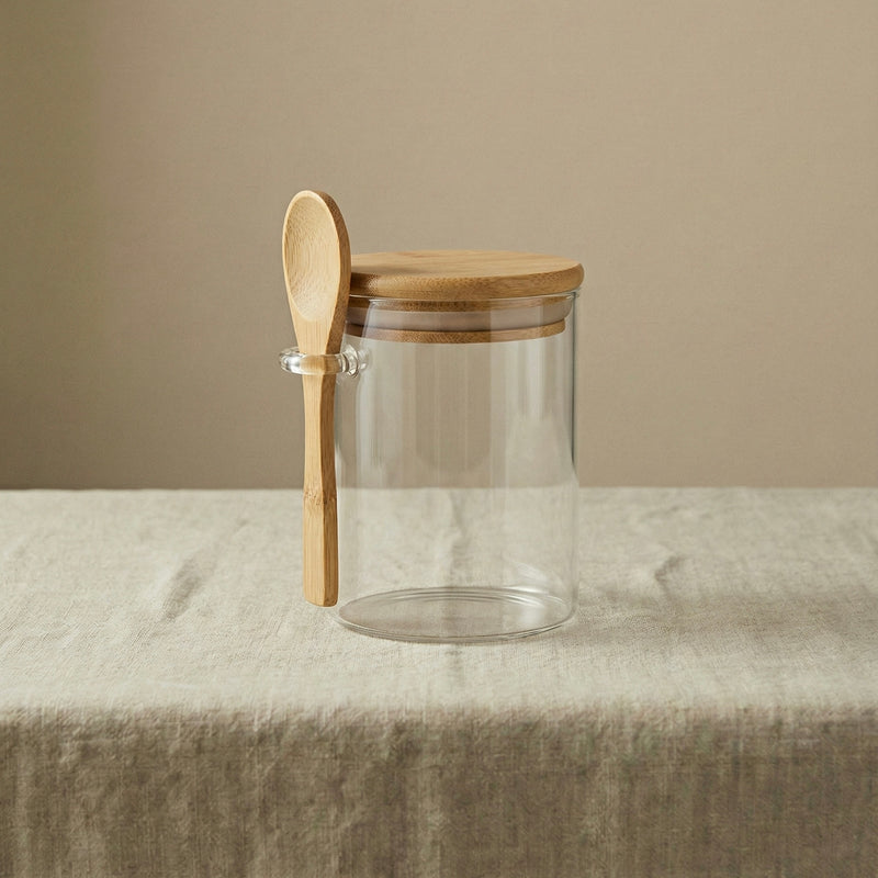 Frasco de Vidrio con Tapa de Bambú y Cuchara