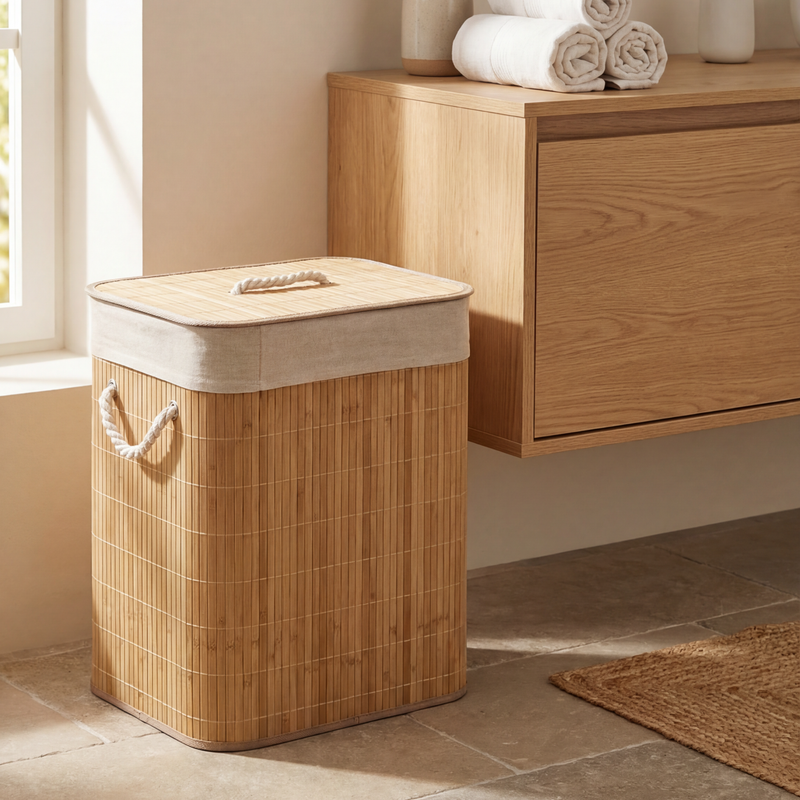 Cesto para Ropa de Bambú Natural con Tapa