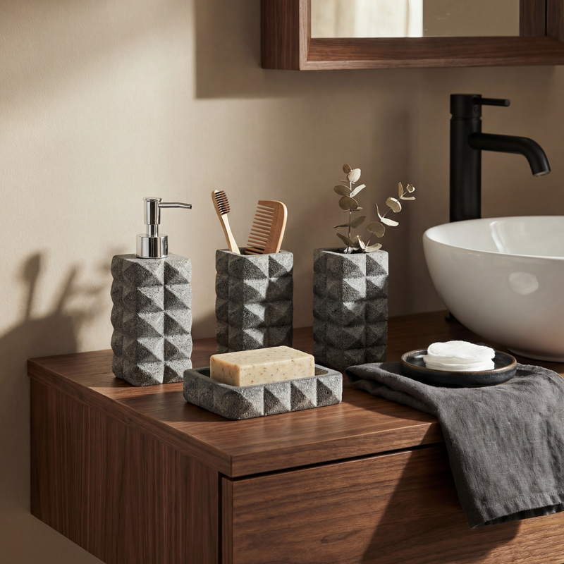 Set de Baño de Piedra Texturada – 4 Piezas