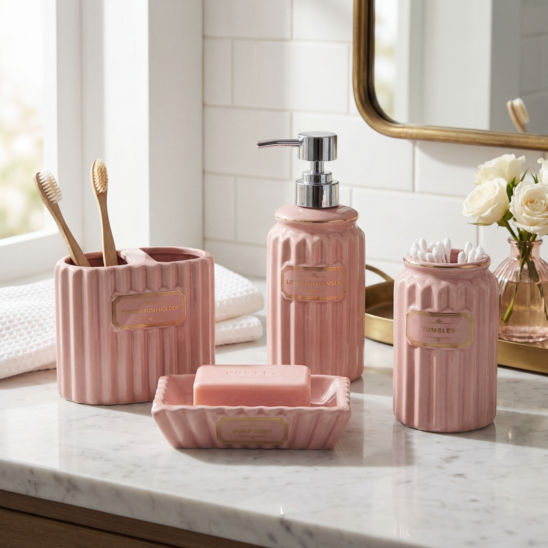 Set de Baño de Cerámica Rosa Pastel – 4 Piezas