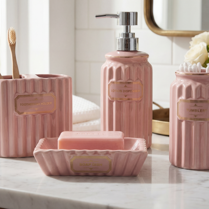 Set de Baño de Cerámica Rosa Pastel – 4 Piezas