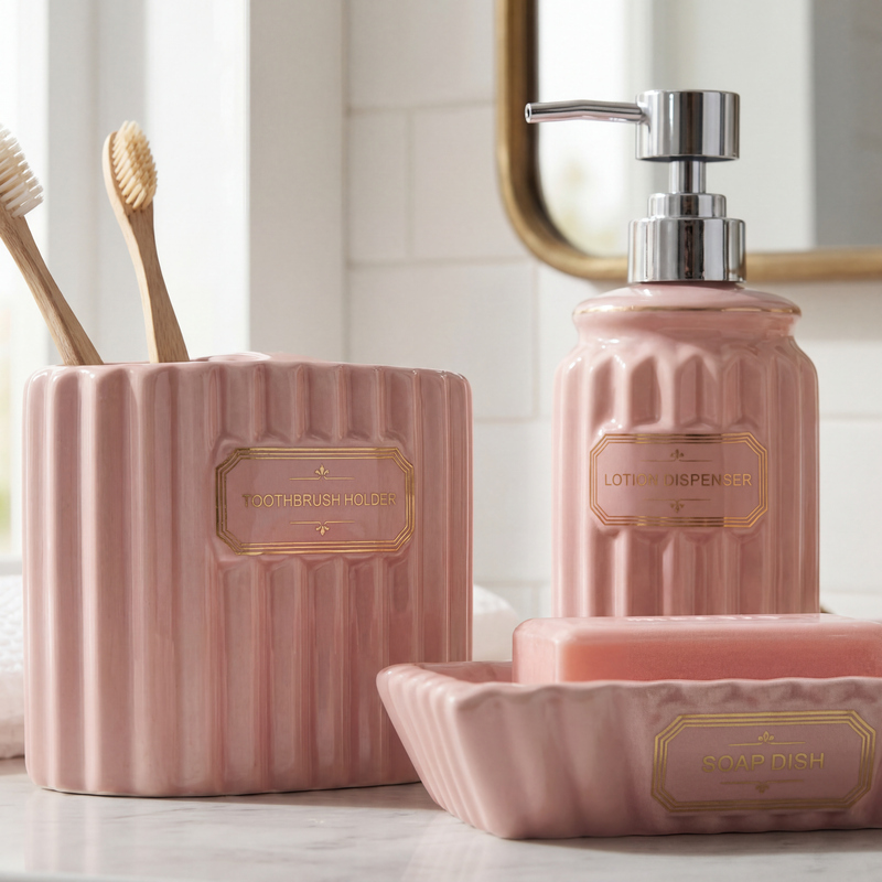 Set de Baño de Cerámica Rosa Pastel – 4 Piezas