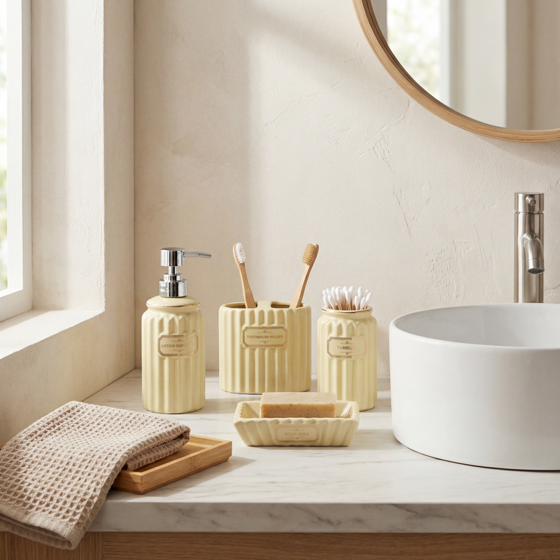 Set de Baño de Cerámica Amarillo Pastel – 4 Piezas