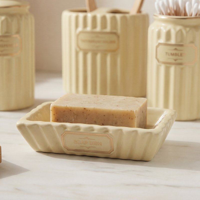 Set de Baño de Cerámica Amarillo Pastel – 4 Piezas