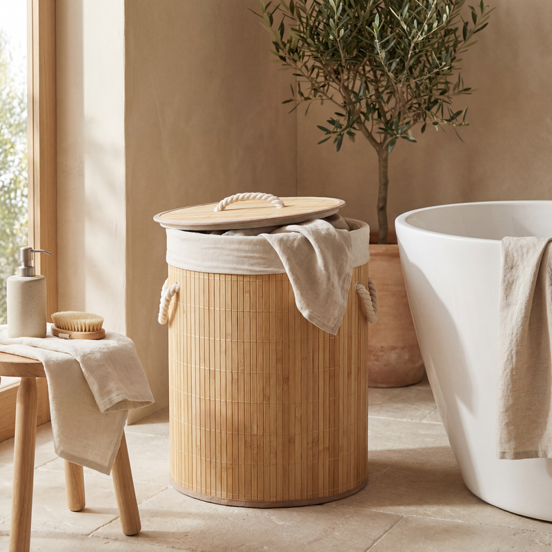 Cesto para Ropa Redondo de Bambú Natural con Tapa