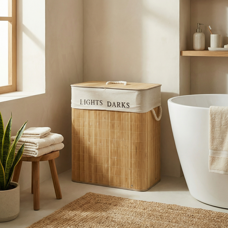 Cesto de Ropa Doble de Bambú